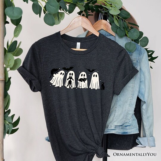 OrnamentallyYou; Ghosts and Cats Spooky T-Shirt, Whimsical Halloween Tee for Cozy Autumn Season; Category:Halloween T-Shirts; Image:1